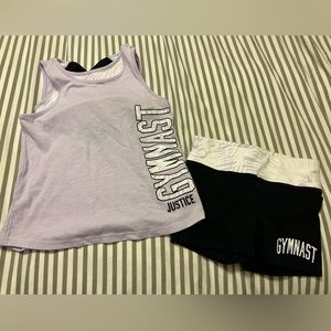 “Justice” Gymnast tank with cute sports bra effect under and biker shorts NEW